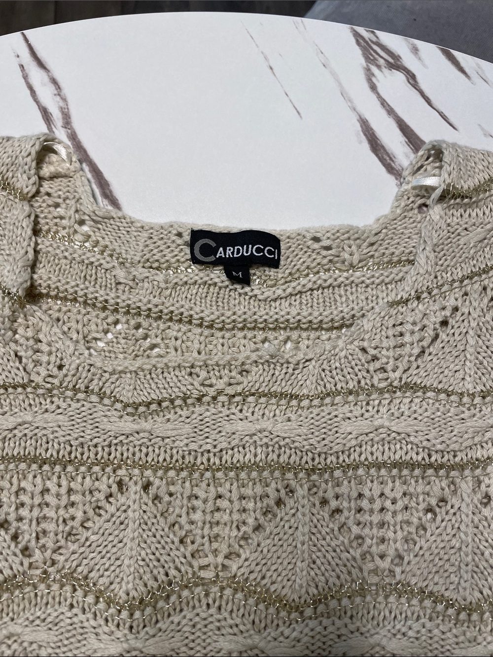 Carducci Open-Weave Cream Knit with gold colored treat Pullover.